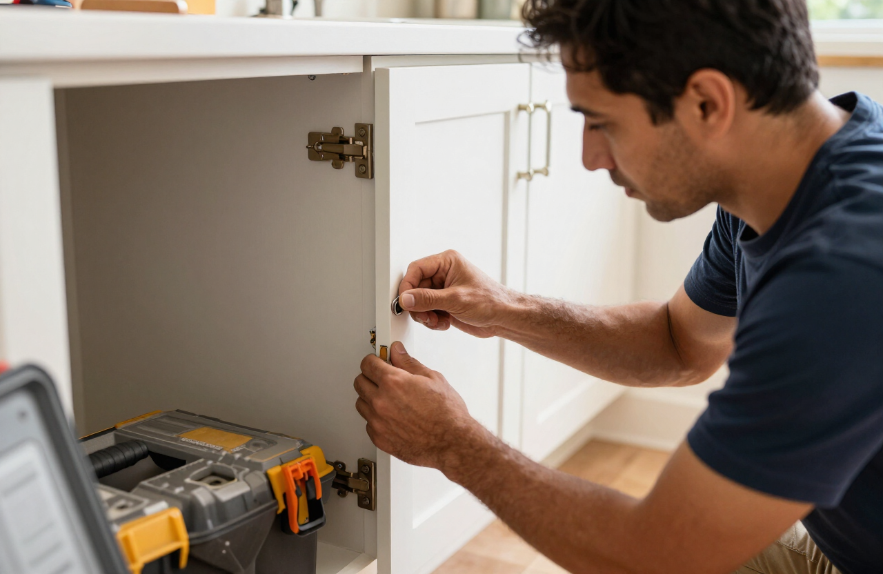 Handyman repairing kitchen cabinets in Tampa FL