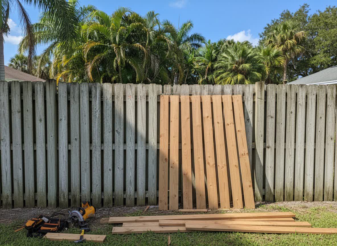 Wood privacy fence repair with new pickets in a Tampa Bay FL backyard
